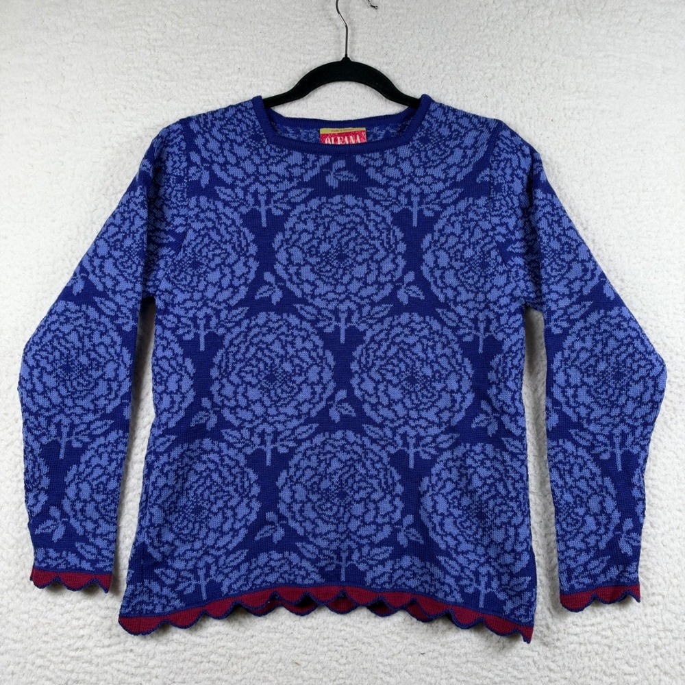 Oleana 100% Pure Wool Norway Sweater Nordic Floral Scallop Hem S Blue Cottage